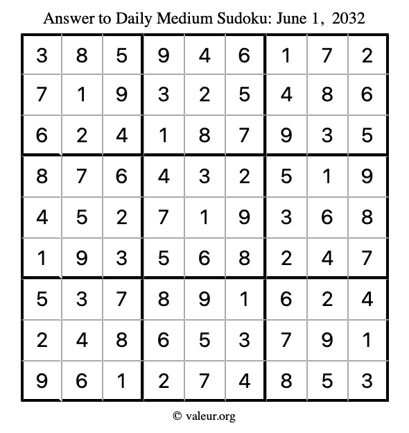 Answer to medium sudoku June 1, 2032