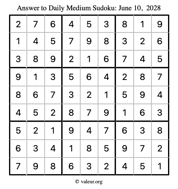Answer to medium sudoku June 10, 2028