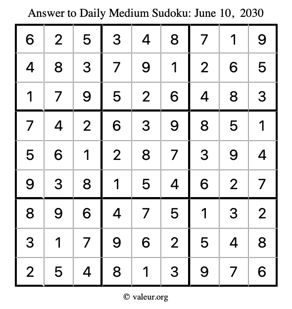 Answer to medium sudoku June 10, 2030