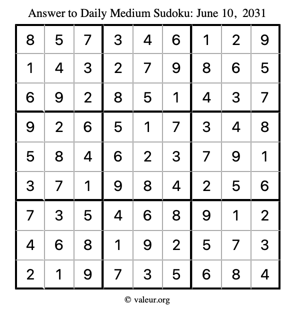 Answer to medium sudoku June 10, 2031