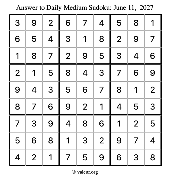 Answer to medium sudoku June 11, 2027