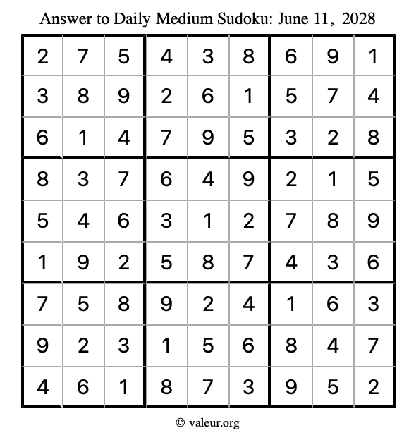 Answer to medium sudoku June 11, 2028