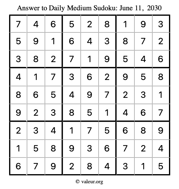 Answer to medium sudoku June 11, 2030