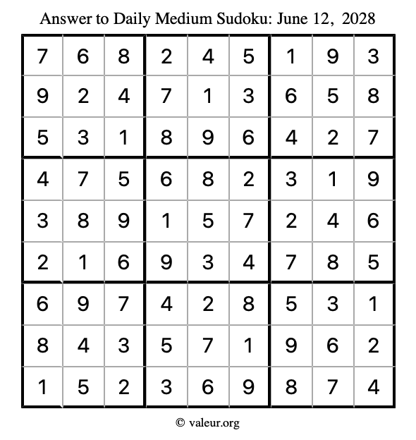 Answer to medium sudoku June 12, 2028