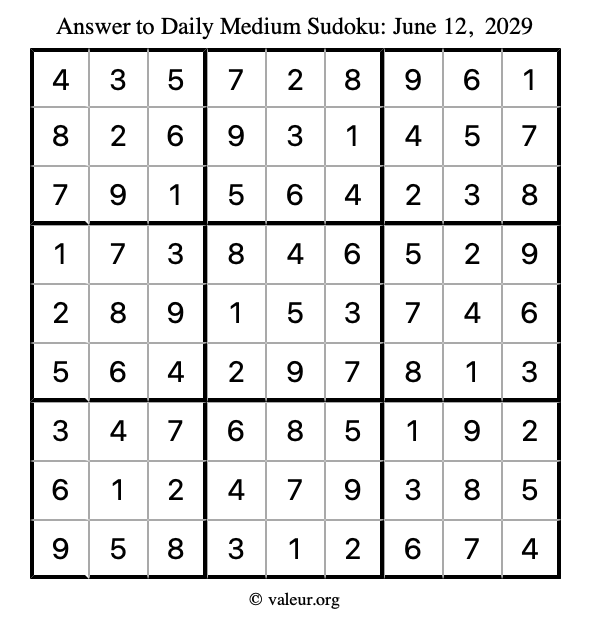Answer to medium sudoku June 12, 2029