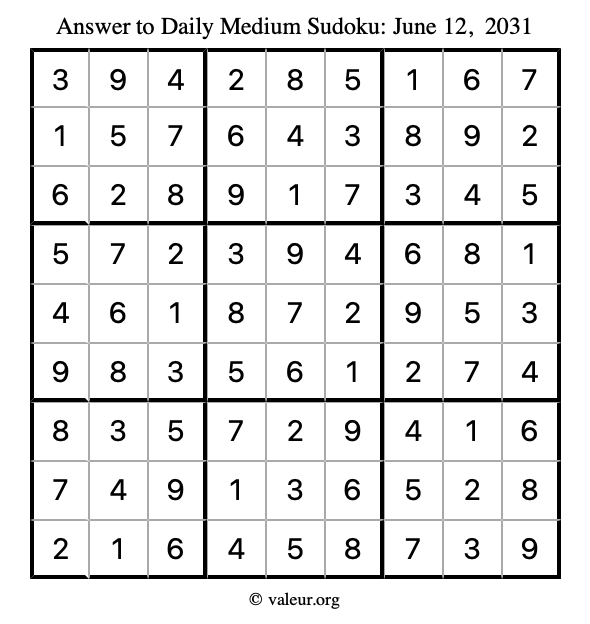 Answer to medium sudoku June 12, 2031