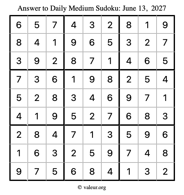 Answer to medium sudoku June 13, 2027