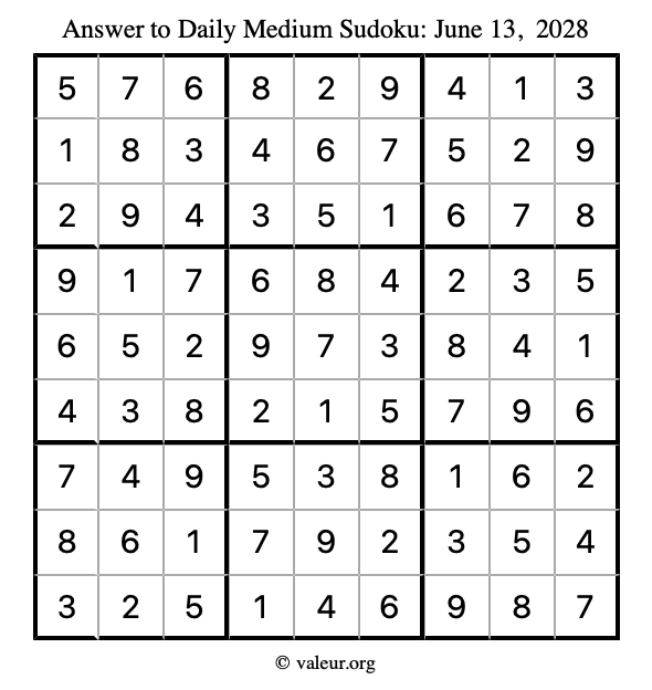 Answer to medium sudoku June 13, 2028