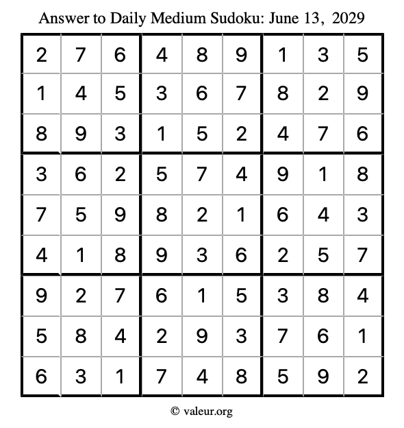 Answer to medium sudoku June 13, 2029