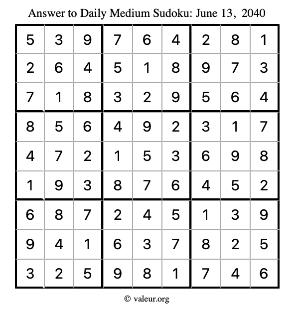 Answer to medium sudoku June 13, 2040