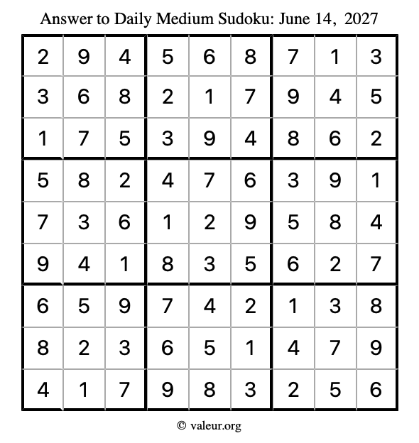 Answer to medium sudoku June 14, 2027