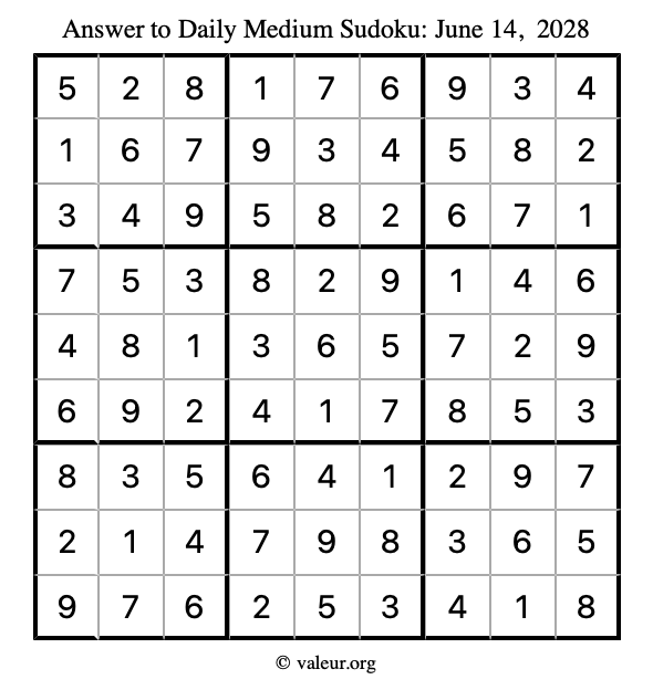 Answer to medium sudoku June 14, 2028
