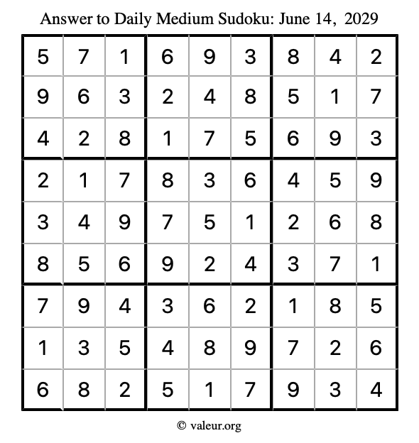 Answer to medium sudoku June 14, 2029