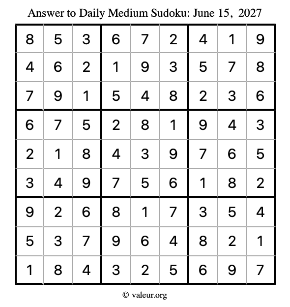 Answer to medium sudoku June 15, 2027