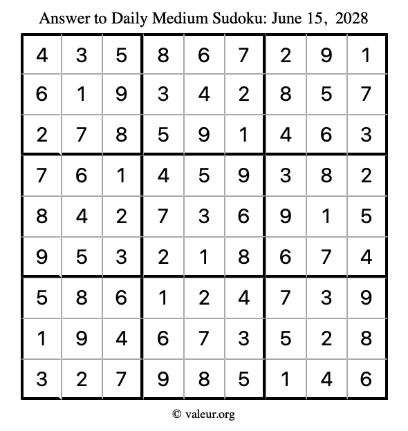 Answer to medium sudoku June 15, 2028