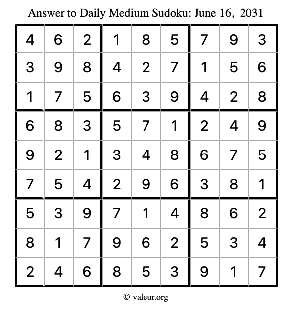 Answer to medium sudoku June 16, 2031