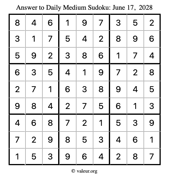 Answer to medium sudoku June 17, 2028