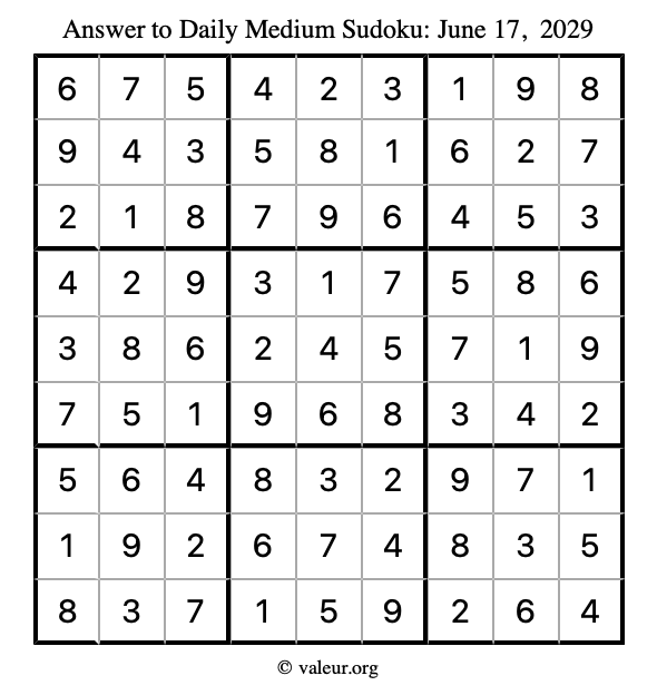 Answer to medium sudoku June 17, 2029
