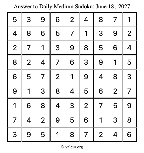 Answer to medium sudoku June 18, 2027