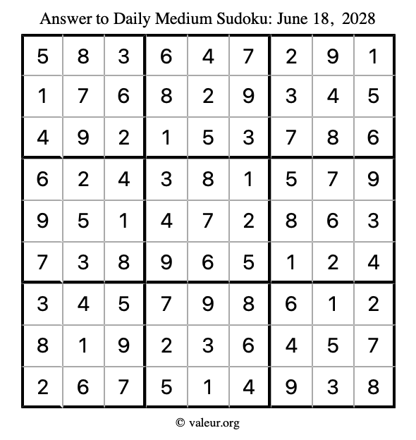 Answer to medium sudoku June 18, 2028