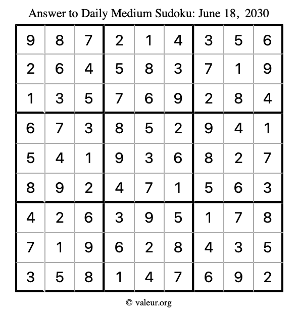 Answer to medium sudoku June 18, 2030