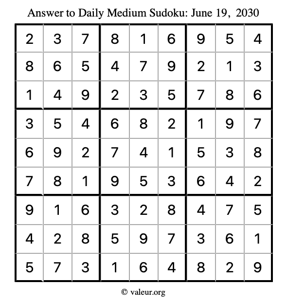 Answer to medium sudoku June 19, 2030