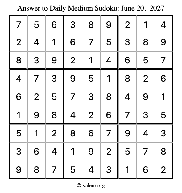 Answer to medium sudoku June 20, 2027