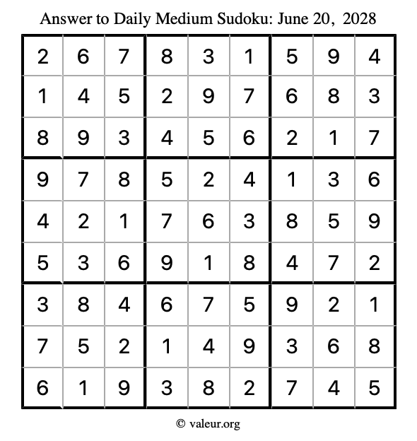 Answer to medium sudoku June 20, 2028