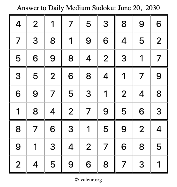 Answer to medium sudoku June 20, 2030