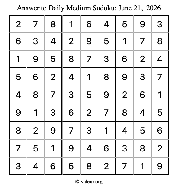 Answer to medium sudoku June 21, 2026