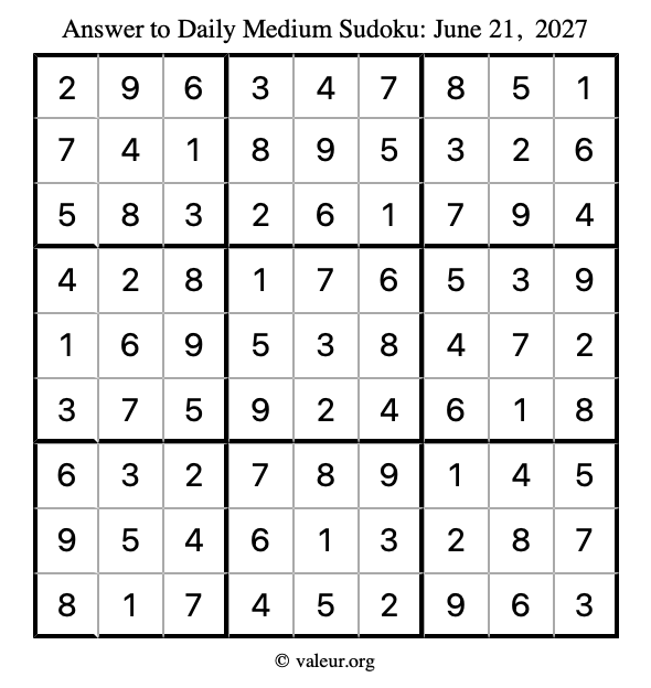 Answer to medium sudoku June 21, 2027