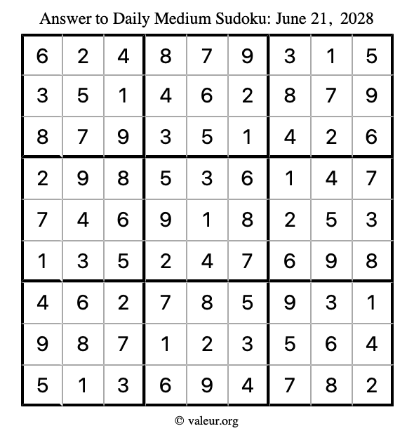 Answer to medium sudoku June 21, 2028