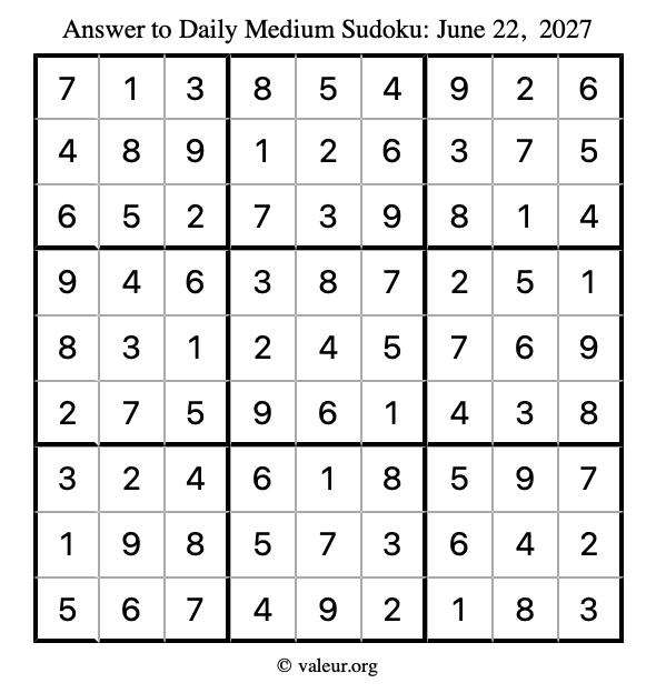 Answer to medium sudoku June 22, 2027