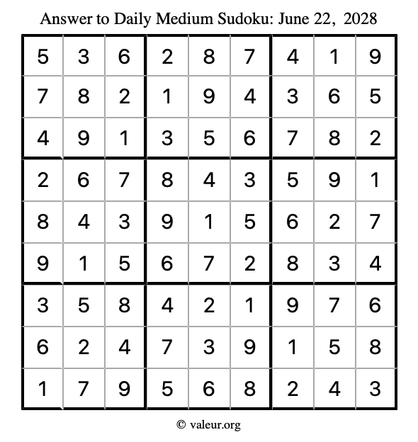 Answer to medium sudoku June 22, 2028