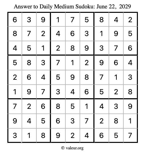 Answer to medium sudoku June 22, 2029
