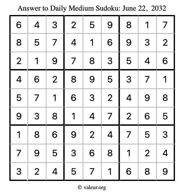 Answer to medium sudoku June 22, 2032