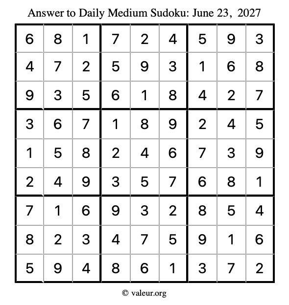 Answer to medium sudoku June 23, 2027