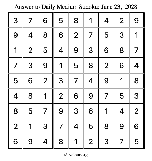 Answer to medium sudoku June 23, 2028