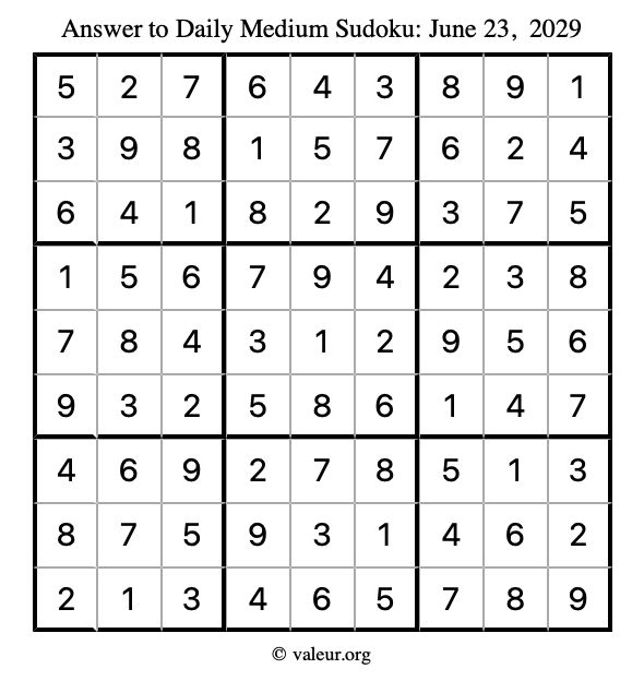 Answer to medium sudoku June 23, 2029