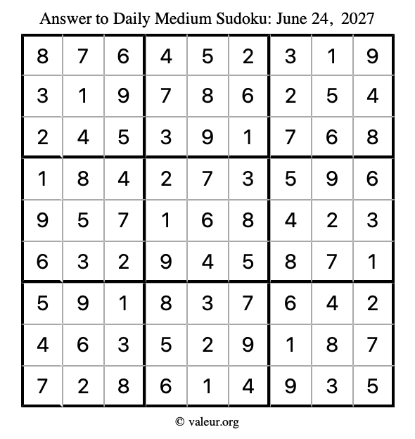 Answer to medium sudoku June 24, 2027