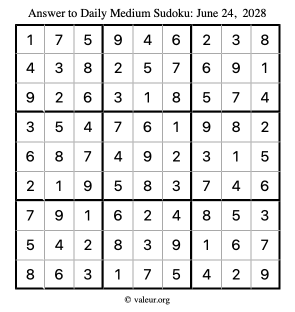 Answer to medium sudoku June 24, 2028