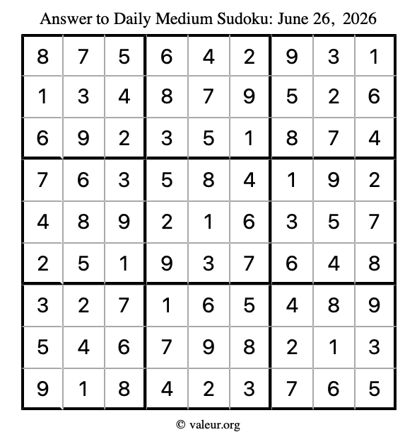 Answer to medium sudoku June 26, 2026