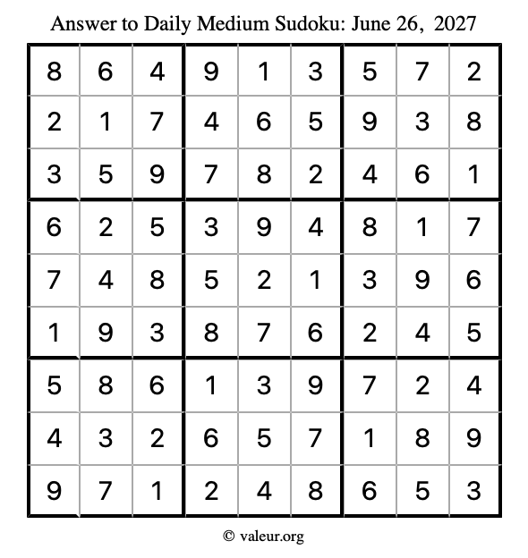Answer to medium sudoku June 26, 2027