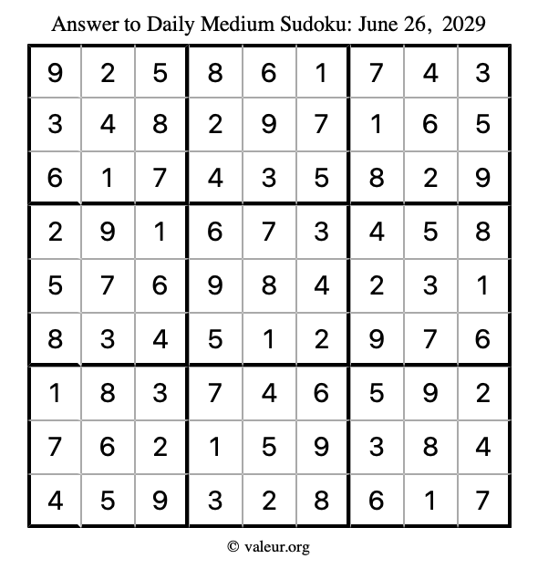 Answer to medium sudoku June 26, 2029
