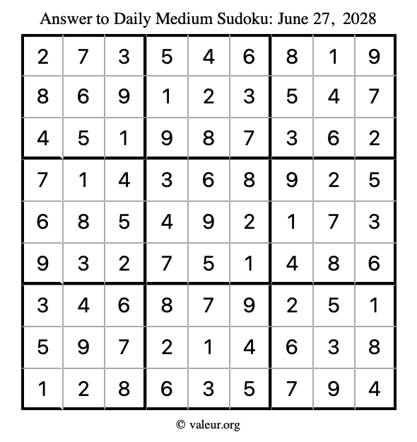Answer to medium sudoku June 27, 2028