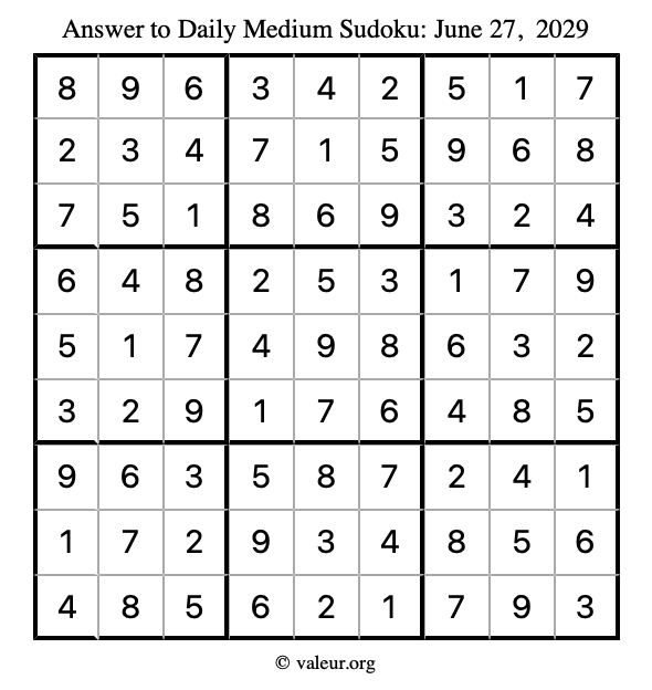 Answer to medium sudoku June 27, 2029