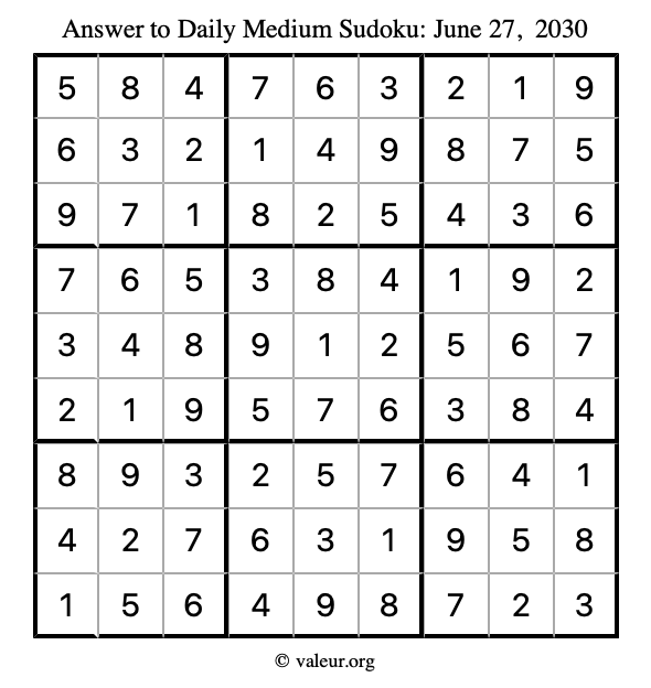 Answer to medium sudoku June 27, 2030