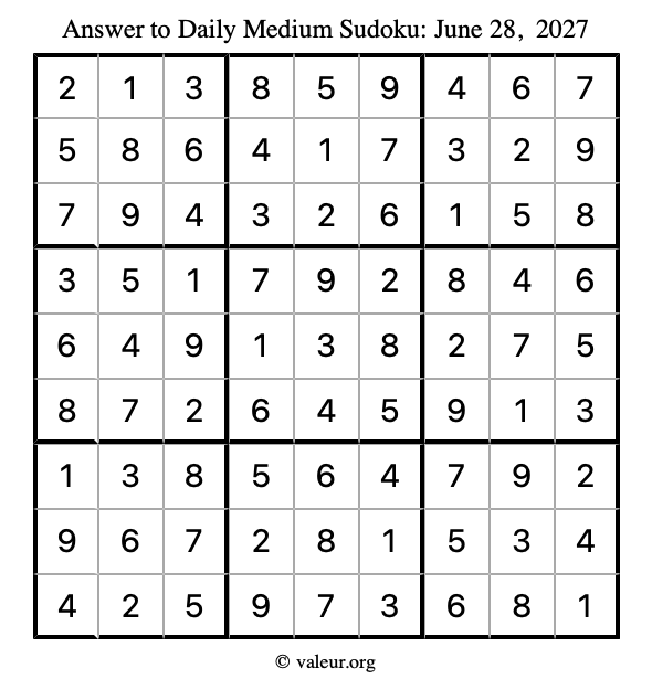 Answer to medium sudoku June 28, 2027