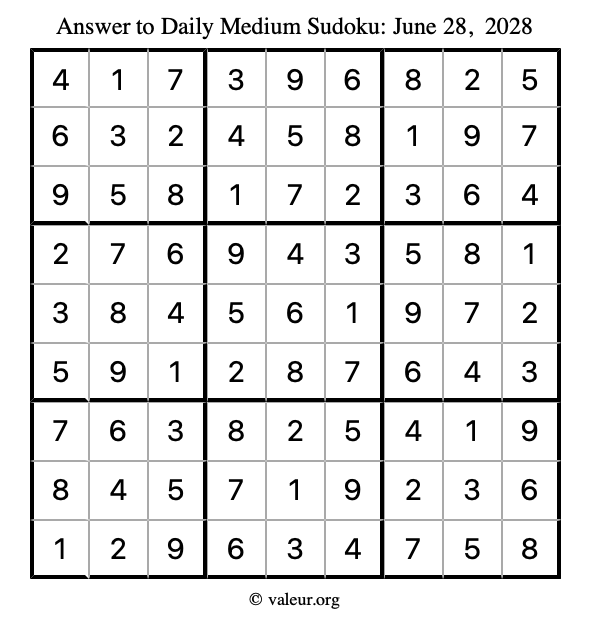 Answer to medium sudoku June 28, 2028
