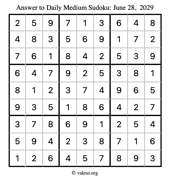 Answer to medium sudoku June 28, 2029